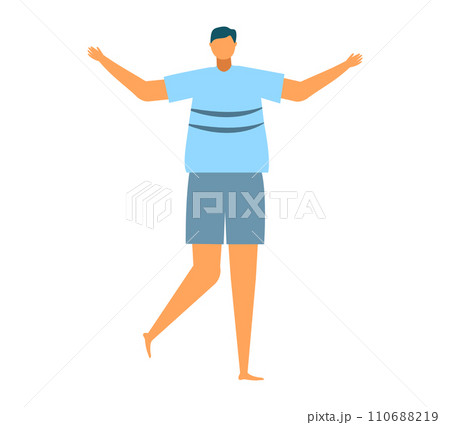 Man in blue t-shirt and shorts standing with arms wide open. Casual male in summer clothes enjoying freedom. Joy and relaxation concept vector illustration. Man in blue t-shirt and shorts standing with arms wide open. Casual male in summer clothes enjoying freedom. Joy and relaxation concept vector illustration. 110688219