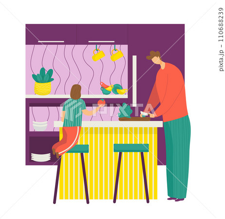 Woman and man in kitchen, female sitting at counter with apple, male chopping vegetables. Home cooking, healthy eating, daily routine vector illustration. 110688239
