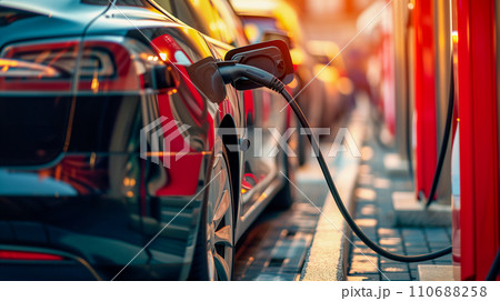 充電ドックに複数の電気自動車を並べた持続可能な交通コンセプト。カーボンニュートラル社会。AI画像 充電ドックに複数の電気自動車を並べた持続可能な交通コンセプト。カーボンニュートラル社会。AI画像 110688258
