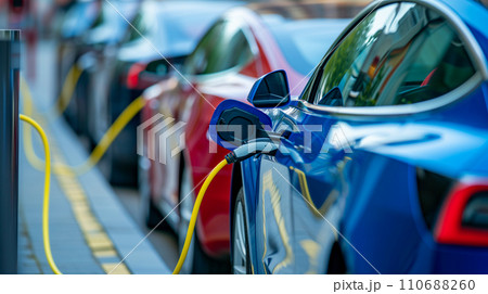 充電ドックに複数の電気自動車を並べた持続可能な交通コンセプト。カーボンニュートラル社会。AI画像 110688260