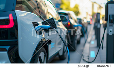 充電ドックに複数の電気自動車を並べた持続可能な交通コンセプト。カーボンニュートラル社会。AI画像 充電ドックに複数の電気自動車を並べた持続可能な交通コンセプト。カーボンニュートラル社会。AI画像 110688261