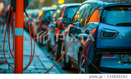 充電ドックに複数の電気自動車を並べた持続可能な交通コンセプト。カーボンニュートラル社会。AI画像 充電ドックに複数の電気自動車を並べた持続可能な交通コンセプト。カーボンニュートラル社会。AI画像 110688262