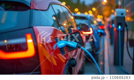充電ドックに複数の電気自動車を並べた持続可能な交通コンセプト。カーボンニュートラル社会。AI画像 充電ドックに複数の電気自動車を並べた持続可能な交通コンセプト。カーボンニュートラル社会。AI画像 110688263