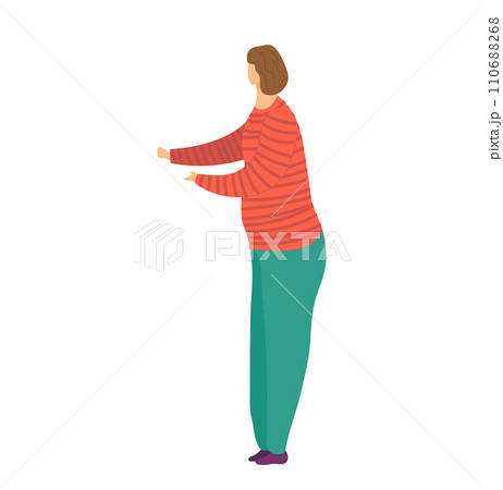 Woman in striped shirt gesturing with her hand, casual style, side view. Female presenting or showing something, simple character design vector illustration. 110688268