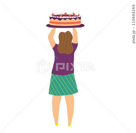 Woman holding a large decorated cake over her head. Caucasian pastry chef presents a dessert. Celebration and baking concept vector illustration. 110688269