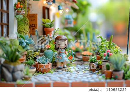 3d cute a little girl plant the pot nature background. 110688285