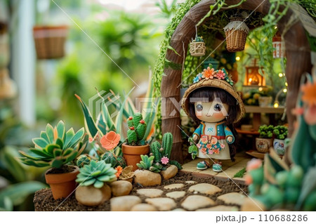 3d cute a little girl plant the pot nature background. 110688286
