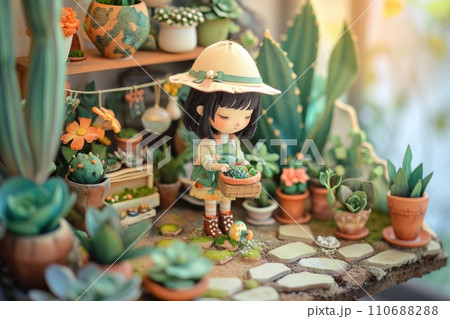 3d cute a little girl plant the pot nature background. 110688288