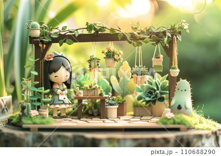 3d cute a little girl plant the pot nature background. 3d cute a little girl plant the pot nature background. 110688290