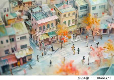Watercolor painting of crowd of people walking in urban city. 110688371