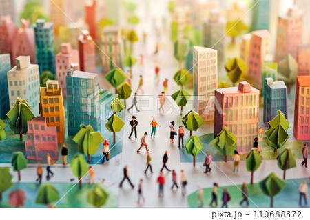 Watercolor painting of crowd of people walking in urban city. 110688372