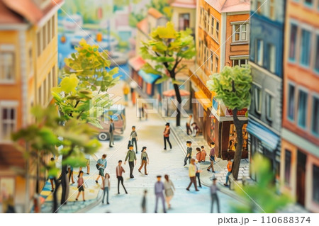 Watercolor painting of crowd of people walking in urban city. 110688374