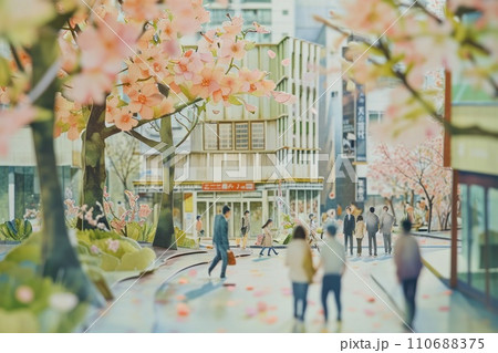 Watercolor painting of crowd of people walking in urban city. 110688375