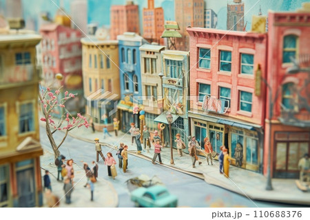 Watercolor painting of crowd of people walking in urban city. 110688376