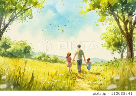 Watercolor paint of Happy family walk together on nature background. Watercolor paint of Happy family walk together on nature background. 110688541