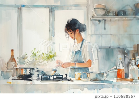 Cute watercolor painting of woman do homemade cooking cozy home. Cute watercolor painting of woman do homemade cooking cozy home. 110688567