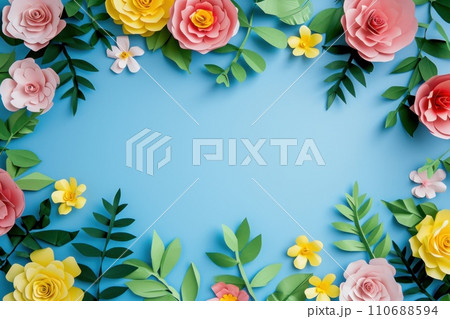Top view of colorful paper cut flowers on colorful background with copy space. 110688594