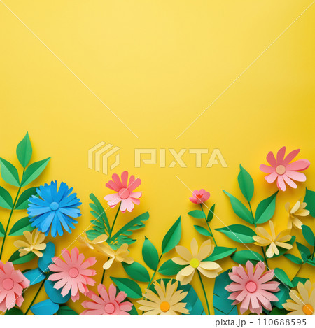 Top view of colorful paper cut flowers on colorful background with copy space. Top view of colorful paper cut flowers on colorful background with copy space. 110688595