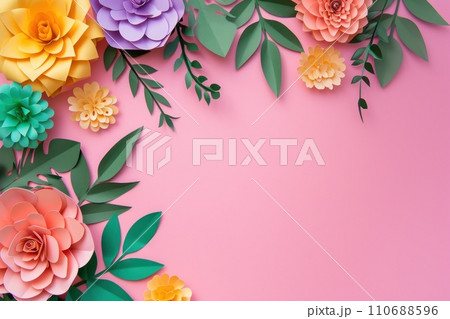 Top view of colorful paper cut flowers on colorful background with copy space. 110688596