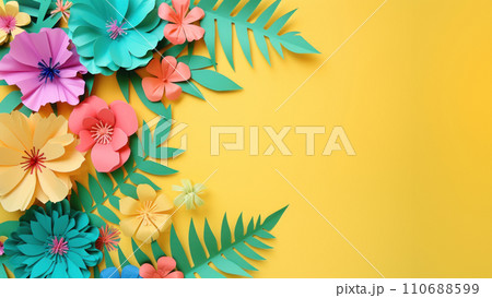 Top view of colorful paper cut flowers on colorful background with copy space. Top view of colorful paper cut flowers on colorful background with copy space. 110688599