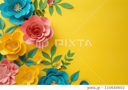 Top view of colorful paper cut flowers on colorful background with copy space. Top view of colorful paper cut flowers on colorful background with copy space. 110688602