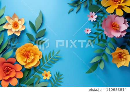 Top view of colorful paper cut flowers on colorful background with copy space. 110688614