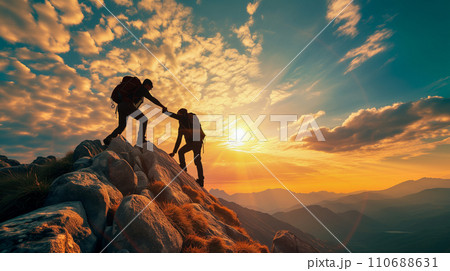 冒険好きな登山家が日の出とともに登頂する。チームワークで困難な状況を打破するイメージ。AI画像 110688631