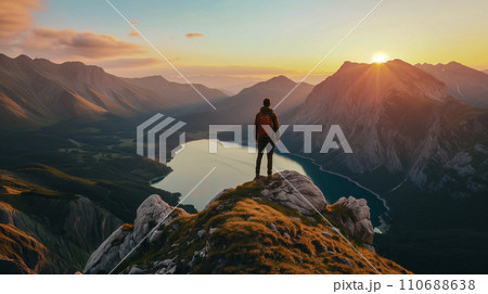 冒険好きな登山家が日の出とともに登頂する。チームワークで困難な状況を打破するイメージ。AI画像 冒険好きな登山家が日の出とともに登頂する。チームワークで困難な状況を打破するイメージ。AI画像 110688638