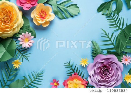 Top view of colorful paper cut flowers on colorful background with copy space. Top view of colorful paper cut flowers on colorful background with copy space. 110688684
