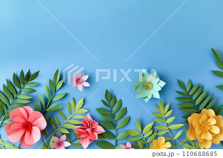 Top view of colorful paper cut flowers on colorful background with copy space. Top view of colorful paper cut flowers on colorful background with copy space. 110688685