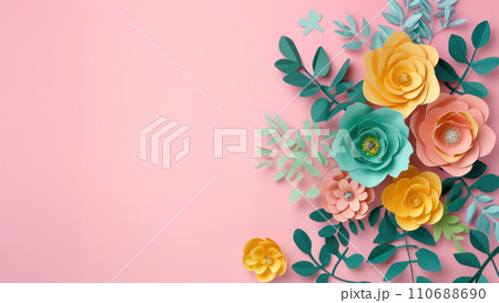 Top view of colorful paper cut flowers on colorful background with copy space. Top view of colorful paper cut flowers on colorful background with copy space. 110688690