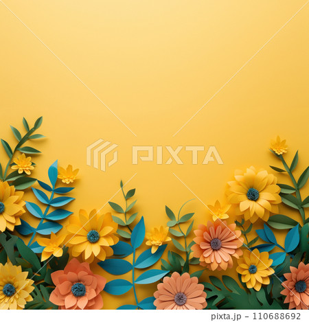 Top view of colorful paper cut flowers on colorful background with copy space. 110688692