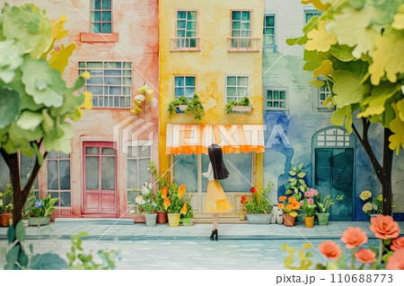 Cute watercolor painting of woman shopping in town. 110688773
