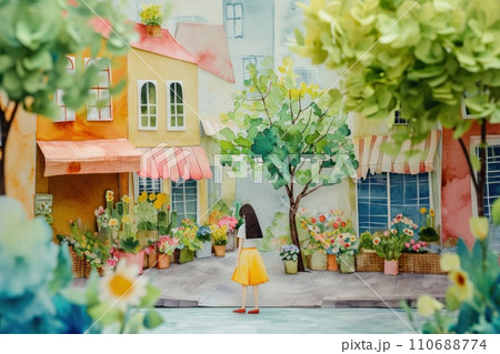 Cute watercolor painting of woman shopping in town. Cute watercolor painting of woman shopping in town. 110688774