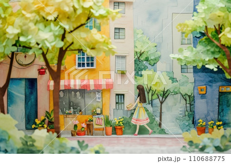 Cute watercolor painting of woman shopping in town. 110688775