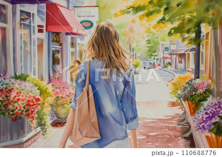 Cute watercolor painting of woman shopping in town. Cute watercolor painting of woman shopping in town. 110688776