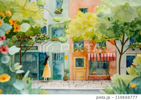 Cute watercolor painting of woman shopping in town. 110688777