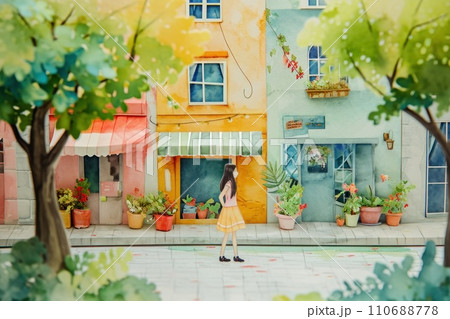 Cute watercolor painting of woman shopping in town. 110688778