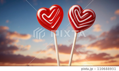 Two red heart shaped lollipops against the background of the sunset sky. Love, Valentine's Day. Generative AI      110688931