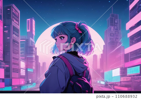 Synthwave Anime Manga Girl: Lofi Wallpaper Design for a Retro Aesthetic Experience. Generative AI. 110688932