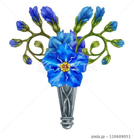 Watercolor bouquet of blue forget-me-not as vignette in a silver boutonniere for Easter, wedding bouquets, Mother's Day, Father's Day, Valentine's Day, birthday, spring and summer bouquets. Watercolor bouquet of blue forget-me-not as vignette in a silver boutonniere for Easter, wedding bouquets, Mother's Day, Father's Day, Valentine's Day, birthday, spring and summer bouquets. 110689051