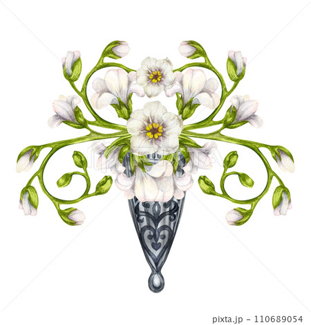 Watercolor bouquets of white forget-me-nots as vignettes in a silver boutonniere for Easter, wedding bouquets, Mother's Day, Father's Day, Valentine's Day, birthday, spring and summer bouquets. Watercolor bouquets of white forget-me-nots as vignettes in a silver boutonniere for Easter, wedding bouquets, Mother's Day, Father's Day, Valentine's Day, birthday, spring and summer bouquets. 110689054