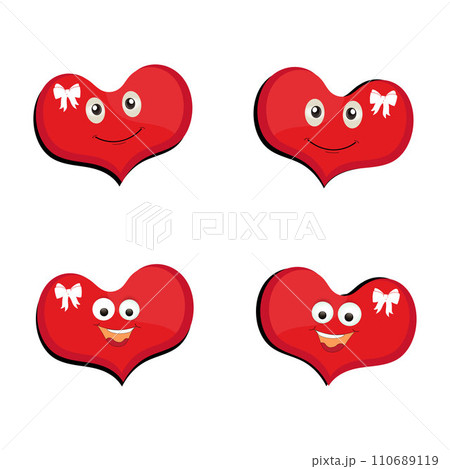 Heart funny cartoon character different pose. Cartoon red heart character with funny face. Happy cute heart emoji set. Love vector illustration 110689119