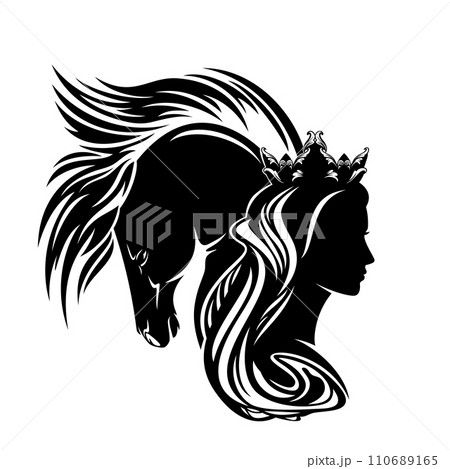 black vector silhouette portrait of fairy tale princess with long mane horse black vector silhouette portrait of fairy tale princess with long mane horse 110689165