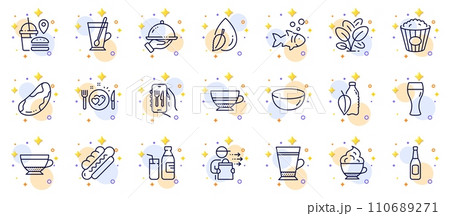 Outline set of Popcorn, Food delivery and Bowl dish line icons for web app. Include Restaurant app, Romantic dinner, Water bottle pictogram icons. Dry cappuccino, Beer glass, Fish signs. Vector Outline set of Popcorn, Food delivery and Bowl dish line icons for web app. Include Restaurant app, Romantic dinner, Water bottle pictogram icons. Dry cappuccino, Beer glass, Fish signs. Vector 110689271