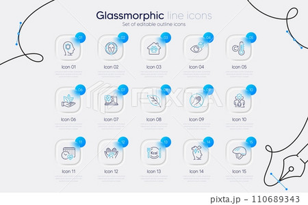 Set of Leaf, Medical help and Psychology line icons for web app. Dont touch, Celsius thermometer, Bicycle helmet icons. Calories, Family insurance, Cardio calendar signs. Stress. Vector Set of Leaf, Medical help and Psychology line icons for web app. Dont touch, Celsius thermometer, Bicycle helmet icons. Calories, Family insurance, Cardio calendar signs. Stress. Vector 110689343