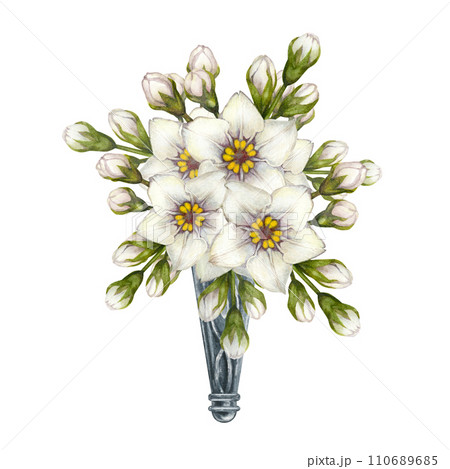 Watercolor bouquets of white forget-me-nots as vignettes in a silver boutonniere for Easter, wedding bouquets, Mother's Day, Father's Day, Valentine's Day, birthday, spring and summer bouquets. 110689685