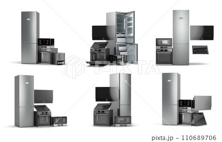 Collection of Modern new built in kitchen appliances 3d render on white Collection of Modern new built in kitchen appliances 3d render on white 110689706