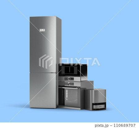 Modern new built in kitchen appliances 3d render on blue 110689707