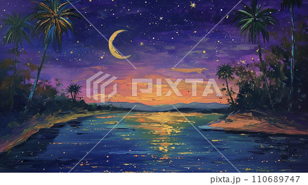美しいオアシスとヤシの木と三日月と星空の風景画　AI画像 110689747